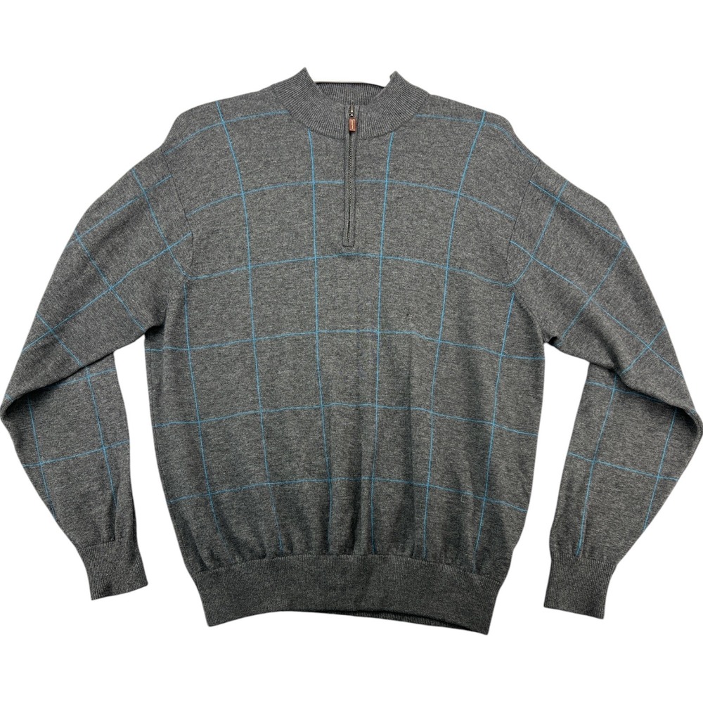 Peter Millar Cashmere Sweater Mens XL Grey Blue Windowpane 1/4 Zip 4 Ply Knit